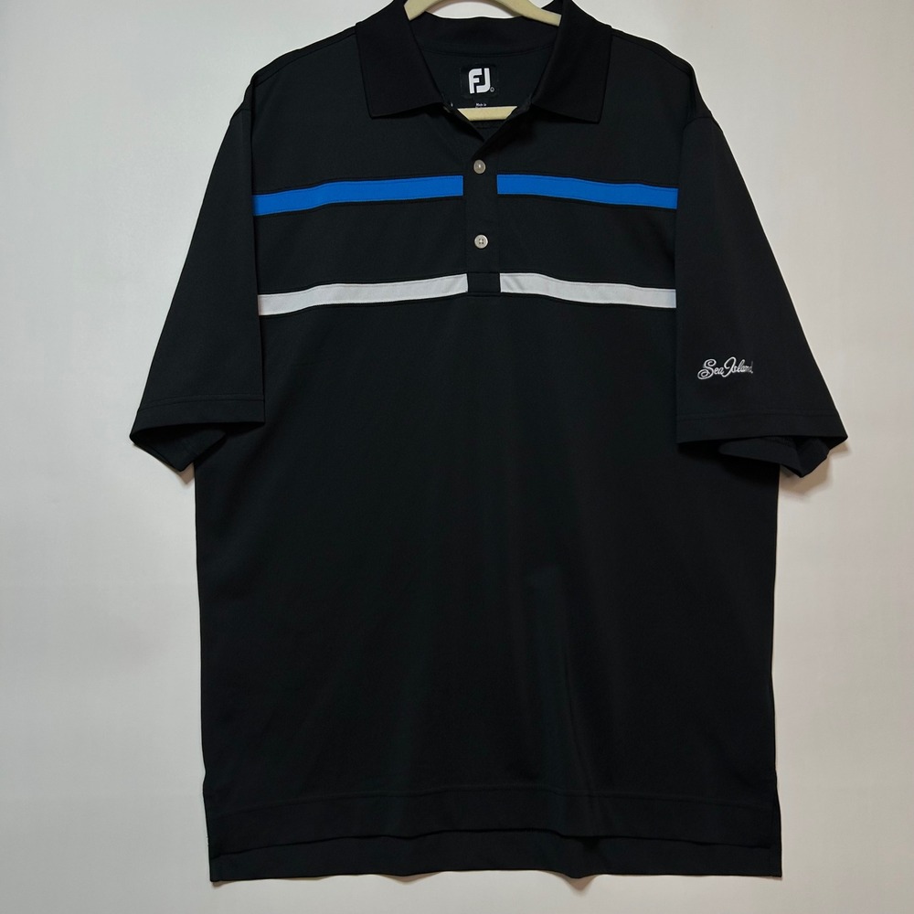 FootJoy Sea Island Golf Polo Shirt Mens Large Black Blue White Striped Golfcore